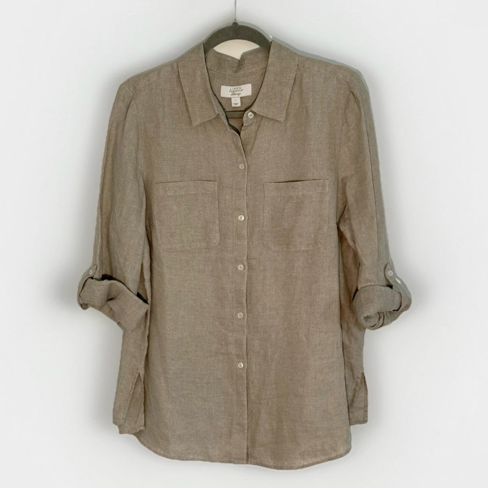 Charter Club Luxury Linen Button Down Shirt Large - Beige Long Sleeve Roll Tab